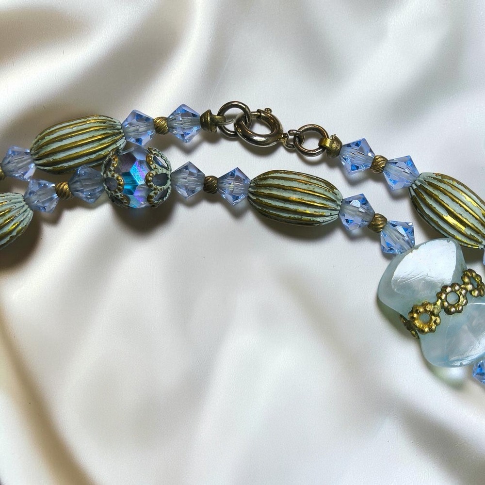 Vintage Mid Century Aqua Glass & Crystal 33" Necklace - Picture 11 of 11